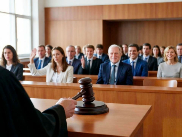 Judge with a gavel in a courtroom during a judicial auction process for real estate assets.
